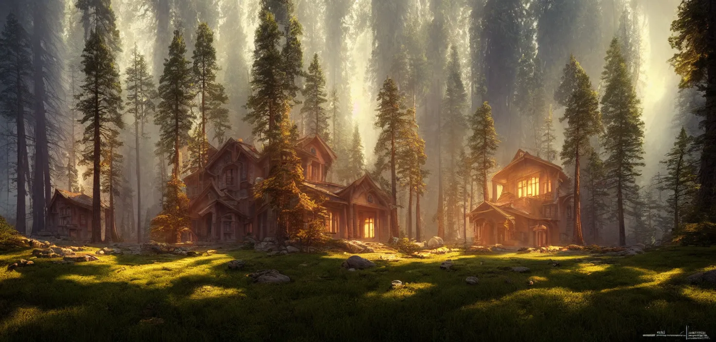 Image similar to random mystic house in sequoia forest incredible, vector art, octane render, fabulous, hyper detailed, random cinematic view, no noise, global illumination, warm lighting, volumetric, godrays, vivid, beautiful, by jordan grimmer