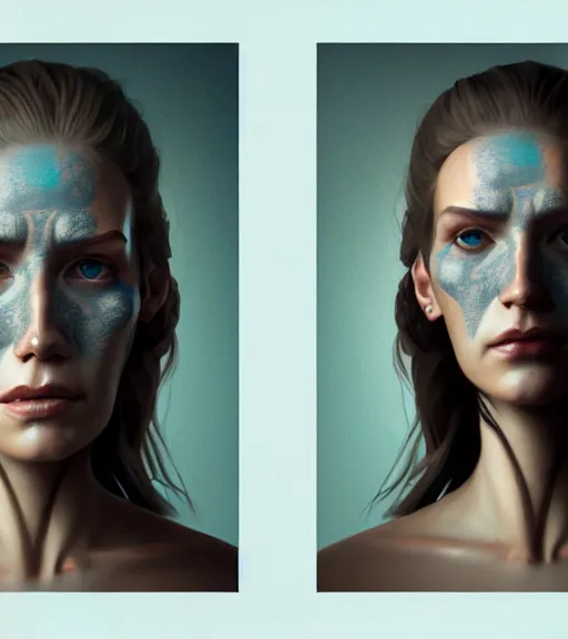 Image similar to portrait of a woman raised on the island face tatooes by greg rutkowski, dynamic lighting, gradient light blue, brown, blonde cream and white color scheme, grunge aesthetic