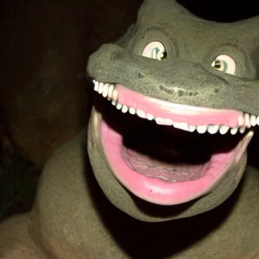 Image similar to unknown creature grinning, showing off sharp and long unorganized teeth, only visible from the light of a flashlight