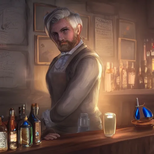 Image similar to barkeep tavern blonde short hair middle age man ultra detailed fantasy, elden ring, realistic, dnd character portrait, full body, dnd, rpg, lotr game design fanart by concept art, behance hd, artstation, deviantart, global illumination radiating a glowing aura global illumination ray tracing hdr render in unreal engine 5