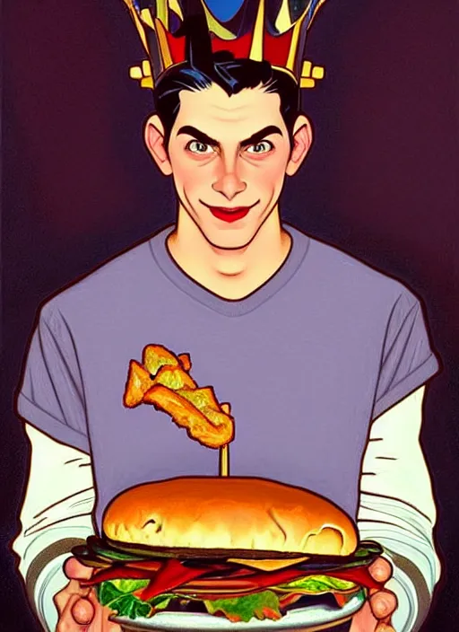 Image similar to oil painting, jughead jones has a pinocchio nose, he wears a light grey crown, and devours a hamburger, intricate, elegant, highly detailed, lighting, painting, artstation, smooth, illustration, art by greg rutowski and alphonse mucha