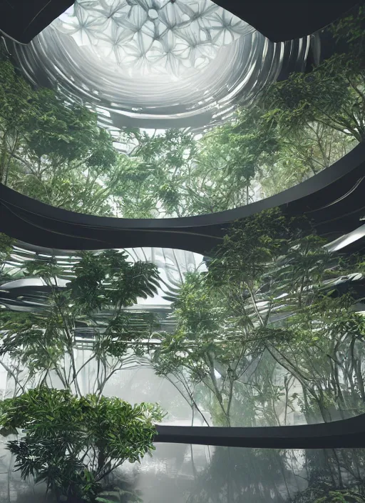 Prompt: a photo of a futuristic biomimicry oasis interior + the interior is elegant and made of a biomimicry nature with ornate patterns + photo taken on a misty morning + architectural photography, 8K, photorealistic