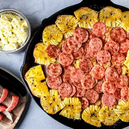 Image similar to a giant slice of pineapple on a pan, covered in pizza toppings, pepperoni, sausages and cheese