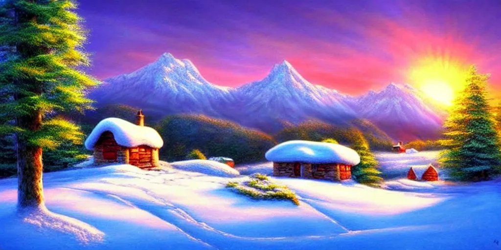 Image similar to a beautiful fantasy landscape, snowy mountain in background, little cottage, small pond, some trees in the corner, sunrise. hyper realism