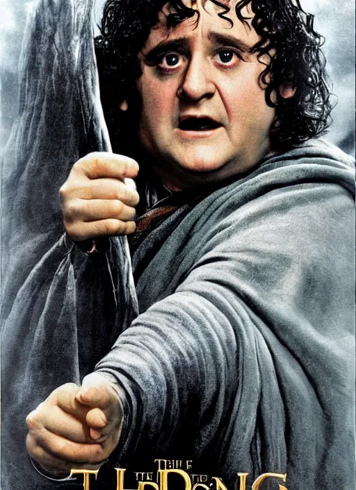 Image similar to the lord of the ring promo poster Frodo Baggins played by Danny DeVito with the one ring directed by peter jackson