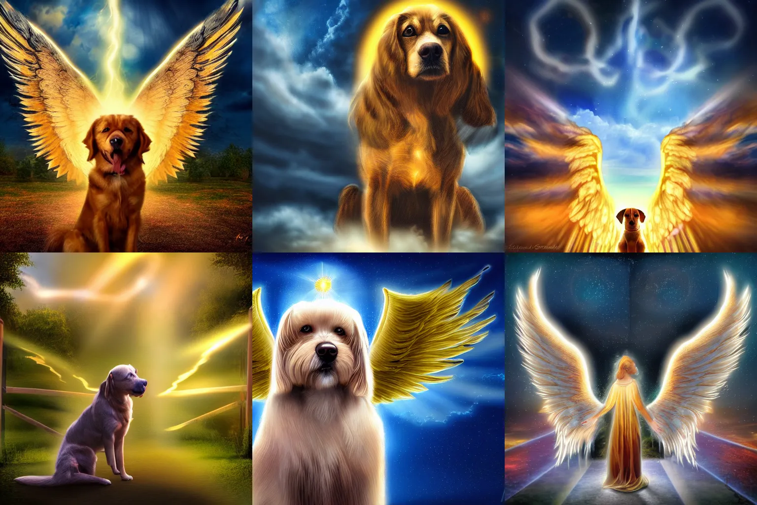 Prompt: a beautiful digital painting of an angel dog with angel wings and halo in front of gates of heaven, Tyndall effect, golden heavenly lights, breathtaking clouds, 4K, HDR