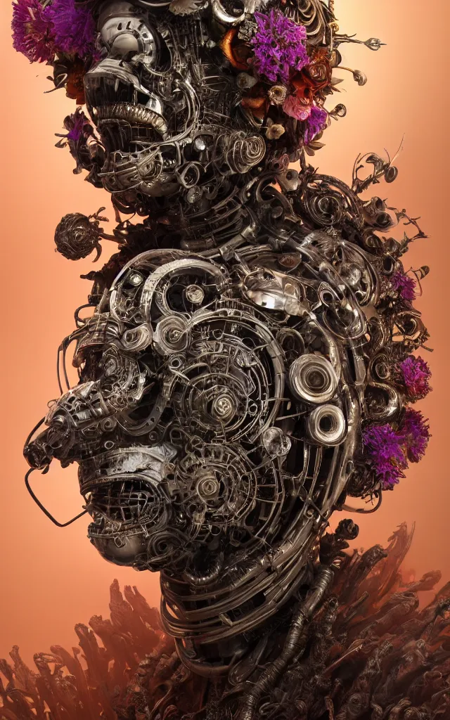 Image similar to 3 d close - up portrait of the retro futuristic robot in vintage death beath mask in mad max style clothes and crown overgrown with fungi and giant orchid flowers and giant gladiola flowers, intricate, elegant, surrounded by smoke and burning. translucent nautilus, highly detailed, by wlop, tooth wu, greg rutkowski, alena aenami