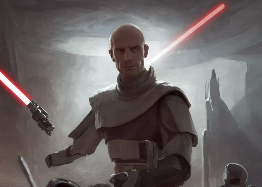 Image similar to painting of Emmanuel Macron dressed as Arcann in Star Wars inside the galactic senate, sharp focus, full body, trending on ArtStation, masterpiece, by Greg Rutkowski, by Ross Tran, by Fenghua Zhong, octane, clear eyes, soft render, clear facial features, oil on canvas, moody lighting, cinematic, professional environment concept art