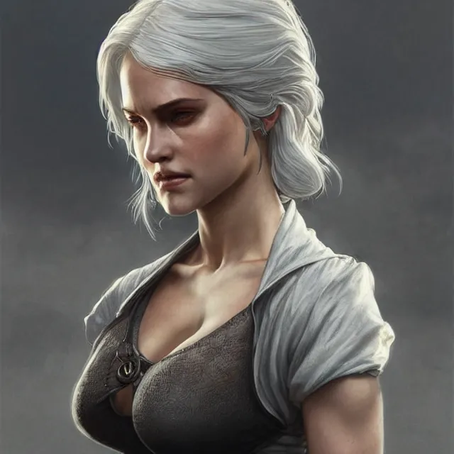 Prompt: cirilla wearing tight in chest shirt, half - opened shirt, ultra realistic, pretty face, extremely detailed face, anatomically correct, symmetrical, concept art, intricate details, highly detailed, photorealistic, octane render, 8 k, unreal engine. art by artgerm and greg rutkowski and alphonse mucha