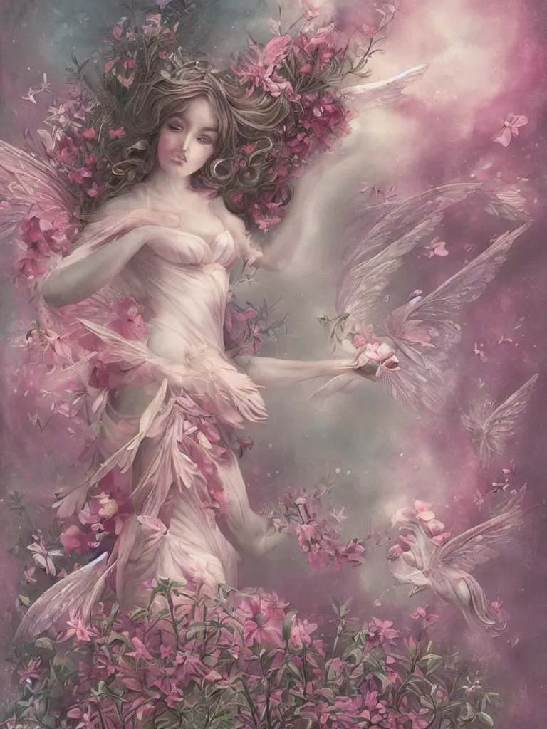 Image similar to symmetry!! a pink beautiful fairy with large wings and flowing hair is exploring her flower garden, style of tom bagshaw, extremely detailed, muted colors, negative space