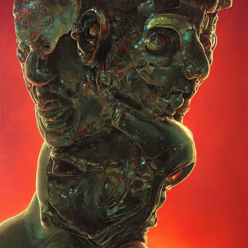 Prompt: a neoclassicist close - up portrait of a an otherworldy person with hypersurrealist abstract features. iridescent reflective alien textures. foggy black background. highly detailed science fiction painting by norman rockwell, frank frazetta, syd mead and moebius. rich colors, high contrast, gloomy atmosphere, dark background. trending on artstation.