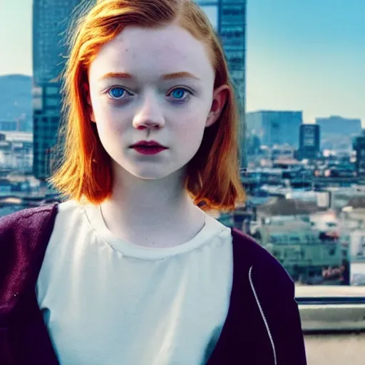 Prompt: sadie sink, portrait with buzzcut hair and city background, smokewave aesthetic