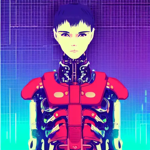 Image similar to “ a highly detailed full body portrait of a cyborg ninja by ilya kuvshinov in synthwave style with a cyberpunk colorful background with brokeh effect ”