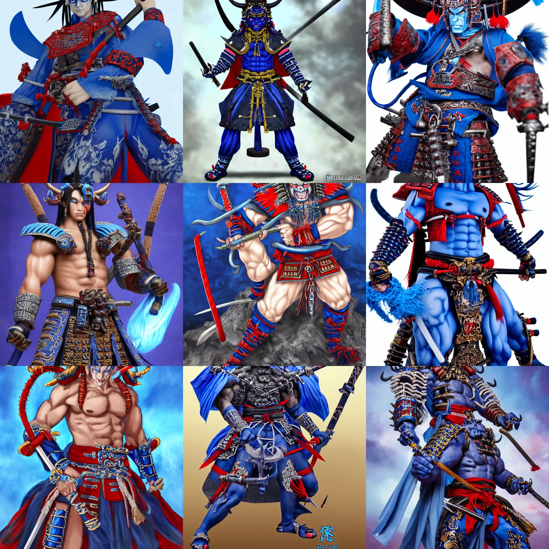 Prompt: a standing portrait of a male blue oni demon 鬼 👹 blue horns horns horns blue skin dressed as samurai official portrait highly detailed, 4 k, hdr, smooth, sharp focus, high resolution, award - winning, illustrated by anne stokes, from sengoku period