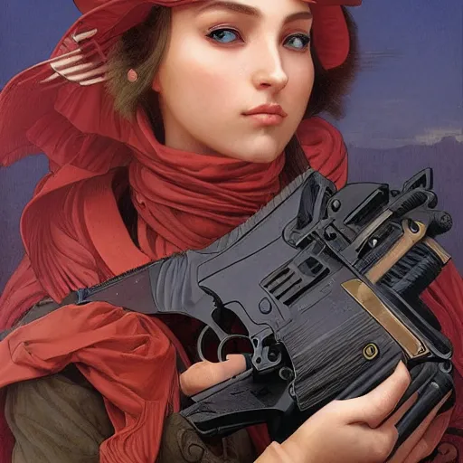 Image similar to a portrait painting of a gunslinger fantasy lady, highly detailed, art by tristan eaton and artgerm and william - adolphe bouguereau