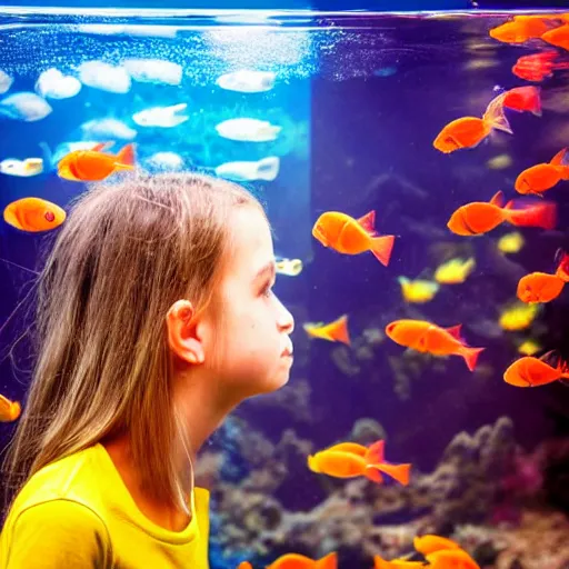 Image similar to girl head in a aquarium, lights caustic, tropical fish, surreal photography