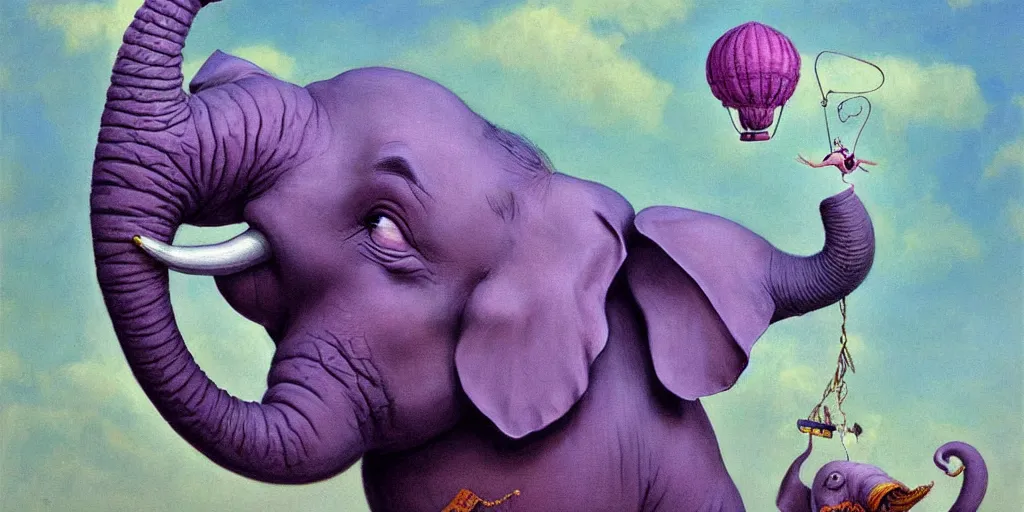 Prompt: a purple elephant flying in the air like dumbo, illustration, detailed, smooth, soft, warm, by Adolf Lachman, Shaun Tan, Surrealism