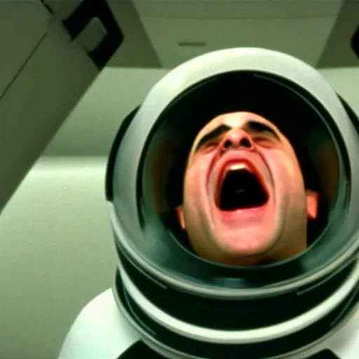 Image similar to A still of Danny Devito screaming in 2001: A Space Odyssey