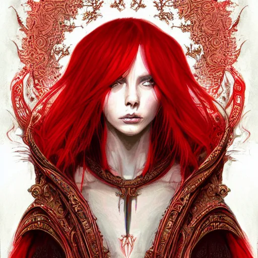 Prompt: red hair priestess, cathedral, D&D, fantasy, intricate, elegant, highly detailed, digital painting, artstation, concept art, matte, sharp focus, illustration, art by Ben Quilty