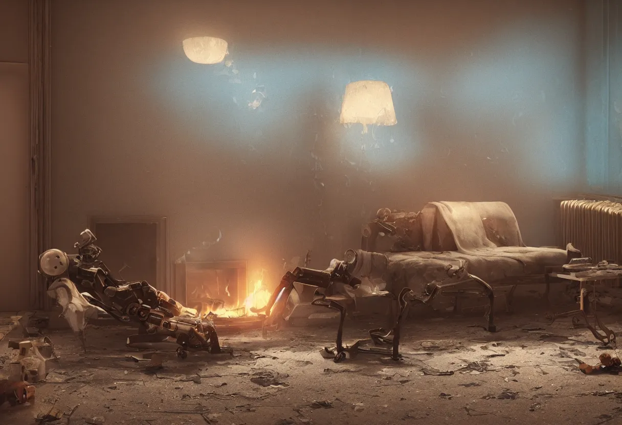 Prompt: intimate photograph of one single lone solitary cerulean and brown decaying futuristic robot lying on a frayed fainting couch facing a beautiful fireplace with a cozy fire, in a dusty Victorian home, soft morning light seeping in a window, with cinematic lighting and lens flare, tall ceiling, octane render, cgsociety, by Simon Stalenhag and Sylvian Boussiron and Alfonso Cuaron, highly detailed closeup portrait, award-winning highly detailed 8k anamorphic closeup tight cinematic movie photograph