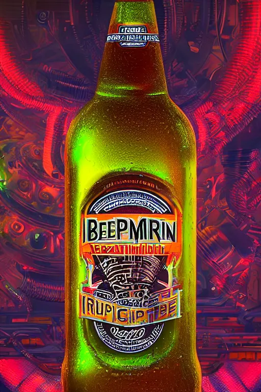 Prompt: product photo of a beer bottle, beer is called tripmachine, realistic digital art, label on the bottle is printed with a 3 d render of a huge futuristic steampunk generator, 8 k, fluorescent colors, halluzinogenic, multicolored, exaggerated detailed, unreal engine