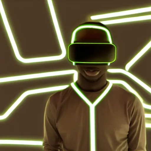 Image similar to dark skinned man wearing futuristic vr headset neon lights ambient light unity game ultra - realistic