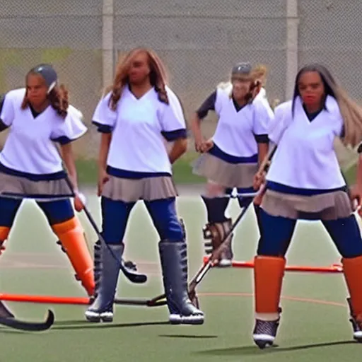 Prompt: a squad of Beyoncé clones playing hockey, photorealistic