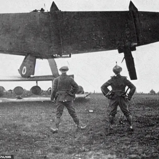 Prompt: on two occasions members of our royal flying corps penetrated into german territory and succeeded in dropping bombs on the zeppelin sheds at dusseldorf, despite the fact that these shelters are protected by numerous anti - aircraft guns, 1 9 1 5 photo