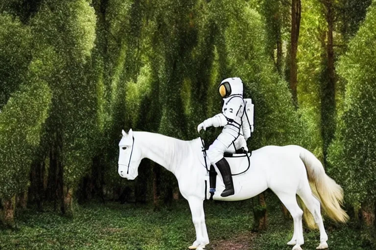 Prompt: an astronaut rode a white horse in a forest of osmanthus, dreamy style