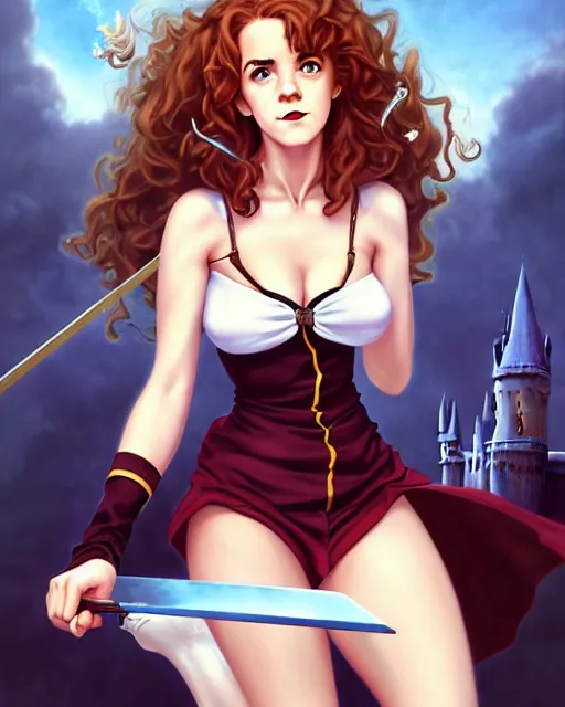 Prompt: pinup photo of hermione granger by emma watson in the crowded square of hogwarts, asuna by a - 1 pictures, by peter mohrbacher, gil elvgren, enoch bolles, glossy skin, pearlescent, anime, very coherent, sao style anime, flat