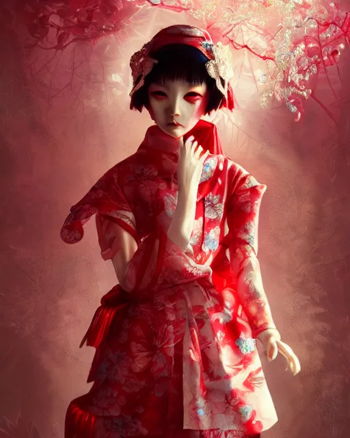 Image similar to detailed photo of pearl japanese doll, beautiful clothes, innocent, elegant red dress, 8 k, by tristan eaton, stanley artgermm, tom bagshaw, greg rutkowski, carne griffiths, trending on deviantart, hyper detailed, glorious lighting, epic environment