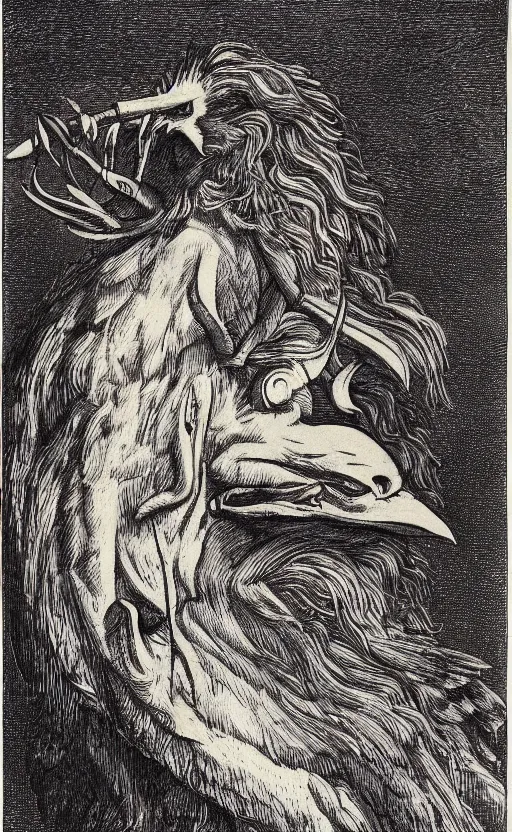 Image similar to a creature with the body and eyes of a man, with the beak of an eagle, the mane of a lion, and the horns of an ox. drawn by francis bacon