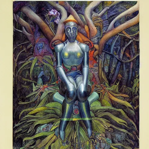Image similar to the robot on her forest throne, by Annie Swynnerton and Diego Rivera, symbolist, dramatic lighting, elaborate geometric ornament, Art Brut ,god rays, soft cool colors,smooth, sharp focus, extremely detailed, Adolf Wölfli