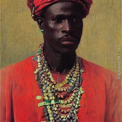 Prompt: portrait of king of dahomey outdoors dressed in airy clothing, 1905, brightly coloured oil on canvas, by ilya repin