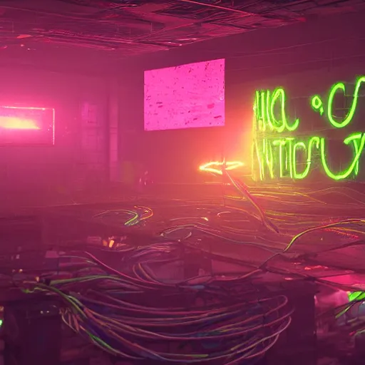 Prompt: epic scene of a large neon mechanical toad is being built by a team of people in a very creepy and dark warehouse, heaps of colored computer screens, glowing cables, dust, smoke, intricate details, ultra - realistic, 8 k, octane render, hyper realism