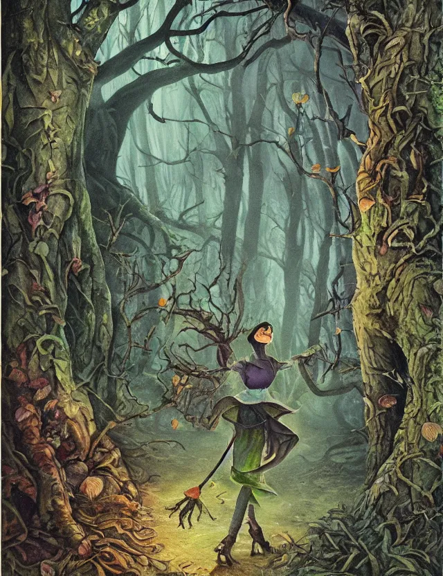 Prompt: witch of the lichen woods. this air brush painting by the beloved children's book illustrator has an interesting color scheme, plenty of details and impeccable lighting.