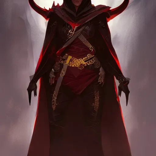 Image similar to A tiefling with red skin and gold eyes, wearing a black cloak, style of Greg Rutkowski, dungeons and dragons character art, artstation