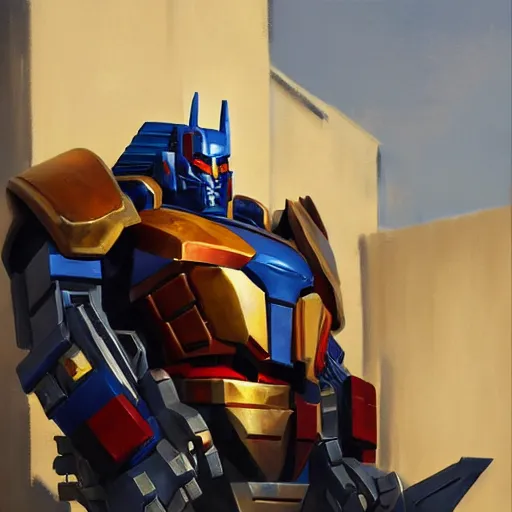 Prompt: greg manchess portrait painting of armored optimus prime as overwatch character, medium shot, asymmetrical, profile picture, organic painting, sunny day, matte painting, bold shapes, hard edges, street art, trending on artstation, by huang guangjian and gil elvgren and sachin teng