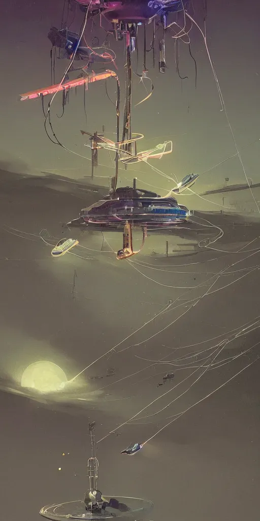 Prompt: mechanical starship with long tendrils, lots of hanging cables and wires, messy cords, sci - fi concept art, by john harris, by simon stalenhag, stunning, award winning