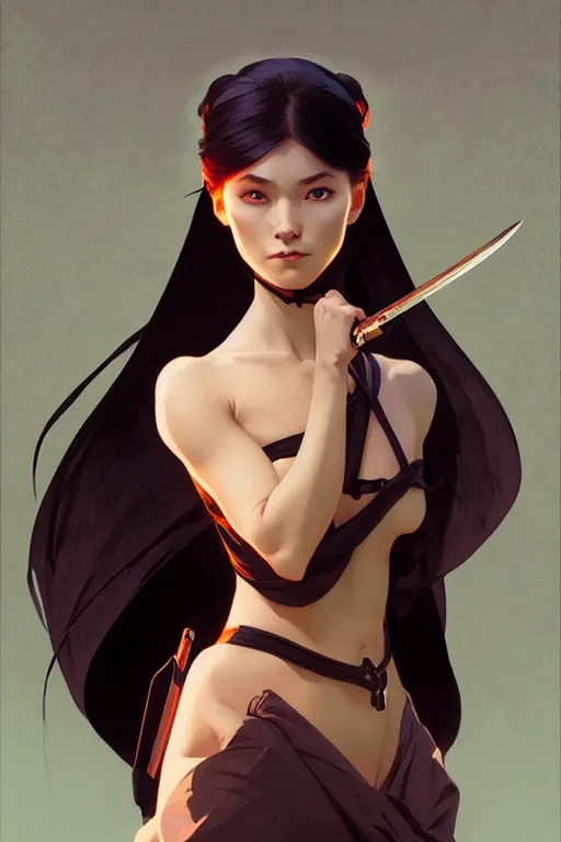 Image similar to a beautiful ninja girl, fantasy, portrait, sharp focus, intricate, elegant, digital painting, artstation, matte, highly detailed, concept art, illustration, ambient lighting, art by ilya kuvshinov, artgerm, Alphonse mucha, and Greg Rutkowski