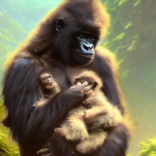 Prompt: Fuzzy mountain gorilla mother holding her adorable mountain gorilla babies, by Greg Rutkowski and Thomas Kinkade, trending on artstation 4k, dramatic lighting.