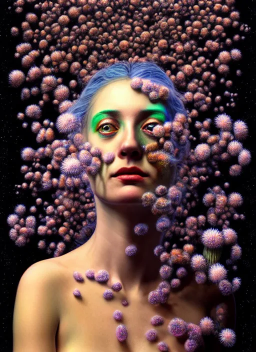 Image similar to hyper detailed 3d render like a Oil painting - Aurora (Singer) Eats of the Strangling Fruit of penance open eyes and Her Hands full of gossamer polyp blossoms bring iridescent fungal flowers whose spores black the foolish stars by Jacek Yerka, Mariusz Lewandowski, Houdini algorithmic generative render, Abstract brush strokes, Masterpiece, Edward Hopper and James Gilleard, Zdzislaw Beksinski, Mark Ryden, Wolfgang Lettl, hints of Yayoi Kasuma, octane render, 8k