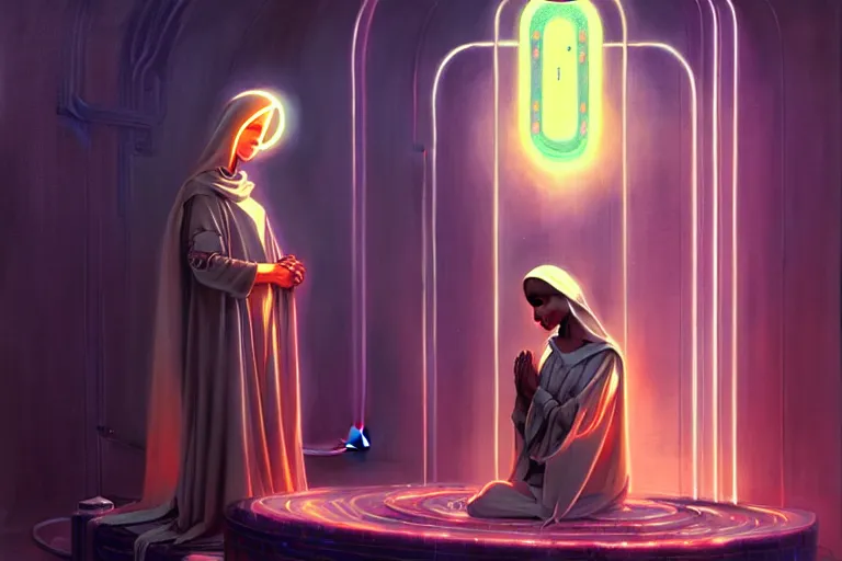 Image similar to patron saint 👩🏾 praying with machine, futuristic long robes clothing, worm hole, neon god of city character portrait, in the style of moebius, wlop, tom bagshaw, and waterhouse, cinematic lighting, beautiful, elegant, oil painting,