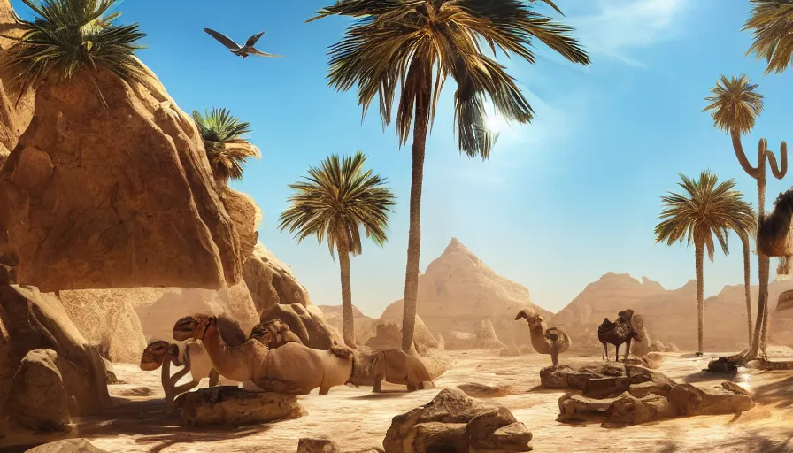 Prompt: a mirage with water stones and palm trees in the desert, artstation, surrounded by wide dessert, human arriving with camel, birds flying, clear blue sky, sun shining