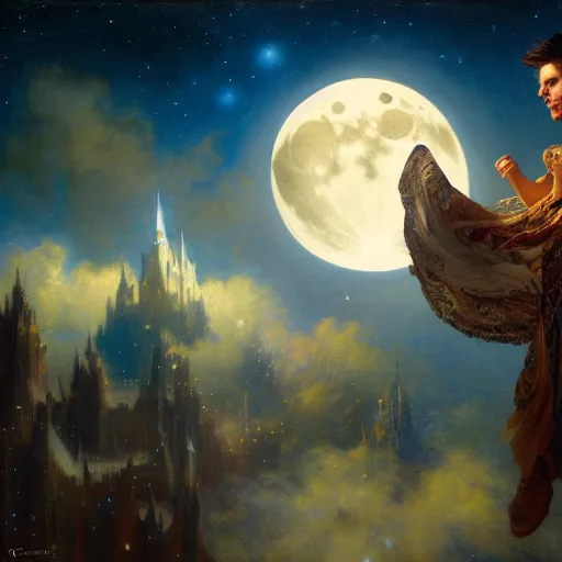 Image similar to attractive male wizard magically floating and flying high in the night sky, fantasy, full moon in background. highly detailed painting by gaston bussiere, craig mullins, j. c. leyendecker, mid shot, 8 k