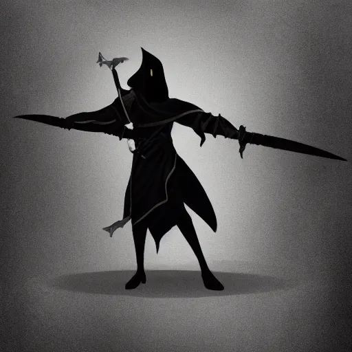 Prompt: a black figure in a grey cloak holding his black spear up to the sky, Digital art