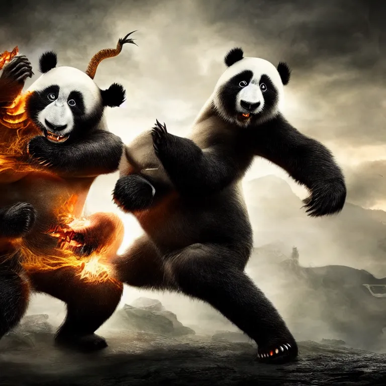 Image similar to Kong Fu Panda fighting a dragon , cinematic lighting, photorealistic image, 8k, ultra detailed, high resolution,