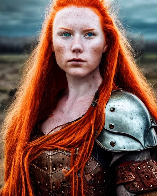 Image similar to north female warrior, red hair, ginger hair, long hair, fantasy, female Viking, high detailed, photography, cloudy, lightweight leather armour, Scandinavia, plain, detailed face, cute face, look into the distance, professional model, glowing skin, serious face, full body, professional photographer, masterpiece, extremely detailed, professional camera, 50 mm, 8k, 3D