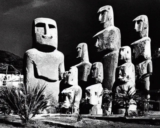 Image similar to black and white noir film. moai as lords of cannabis.