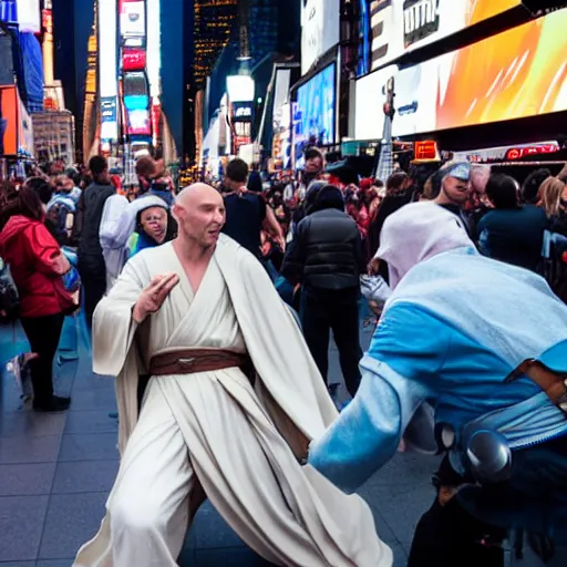 Image similar to a jedi in a battle with voldemort among the people in times square